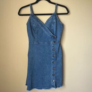 Guess Button-Front Faux-Wrap Denim Spaghetti Strap V-Neck Mini Dress XS